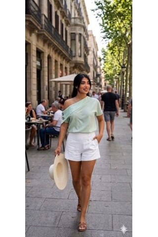 Düşük Omuz Düğme Detaylı Açık Yeşil Bluz