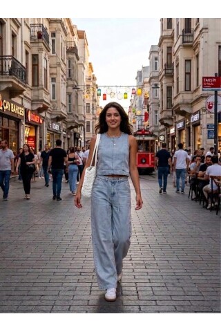 Kadın Denim İkili Takım – Kolsuz Crop Bluz & Bol Paça Pantolon