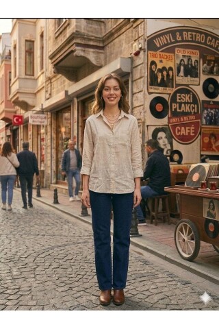 Kadın Bej Rahat Kesim Keten Gömlek