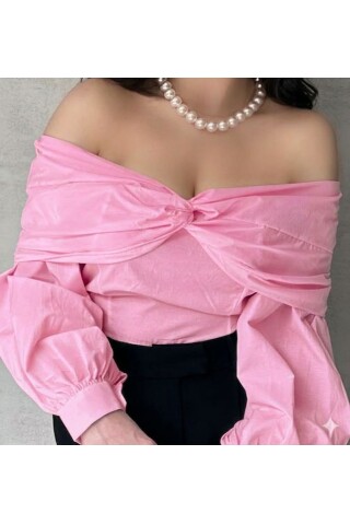 Kadın Beyaz Madonna Yaka Balon Kol Crop Gömlek