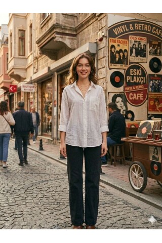 Kadın Beyaz Rahat Kesim Keten Gömlek