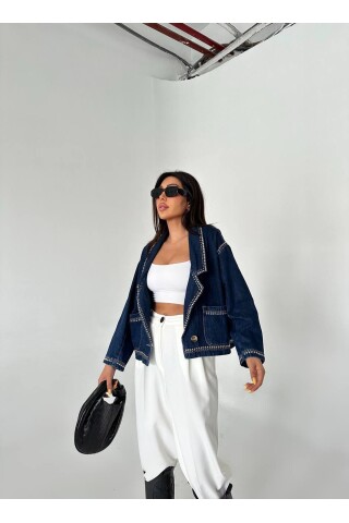 Kadın Droplu Detaylı Denim Ceket – Blazer Yaka, Cep Detaylı