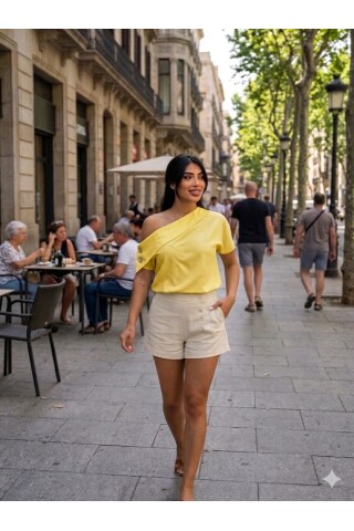 Kadın Düşük Omuz Düğme Detaylı Sarı Gömlek