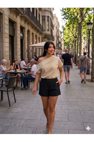 Kadın Düşük Omuz Düğme Detaylı Taş Rengi Gömlek