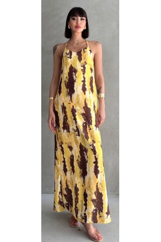 Kadın İnce Askılı Soyut Desen Uzun Elbise
