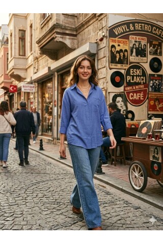Kadın Mavi Rahat Kesim Keten Gömlek