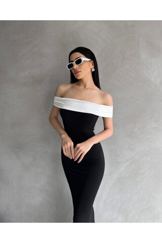 Kadın Siyah Garnili Madonna Yaka Uzun Elbise