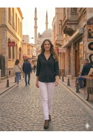 Kadın Siyah Rahat Kesim Keten Gömlek