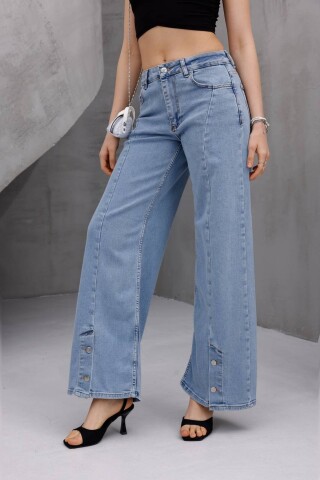 Kadın Yüksek Bel Düğme Detaylı Wide Leg Jean Pantolon
