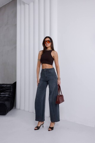 Kadın Yüksek Bel Gri Wide Leg Palazzo Jean Pantolon