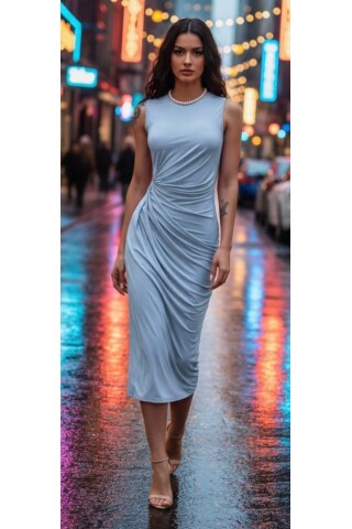 Kadınlar için Turkuaz Pileli Uzun Elbise