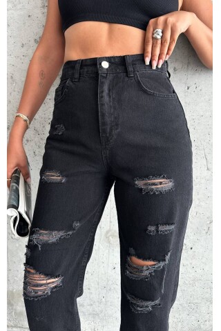 W1599 SİYAH YIRTIKLI YÜKSEK BEL MOM JEAN