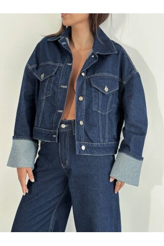W1910 Kolu Katlamalı Lacivert Crop Denim Ceket