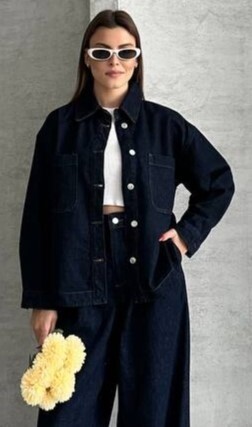 Yeni Sezon Lacivert Kol Detaylı Kadın Kot Ceket